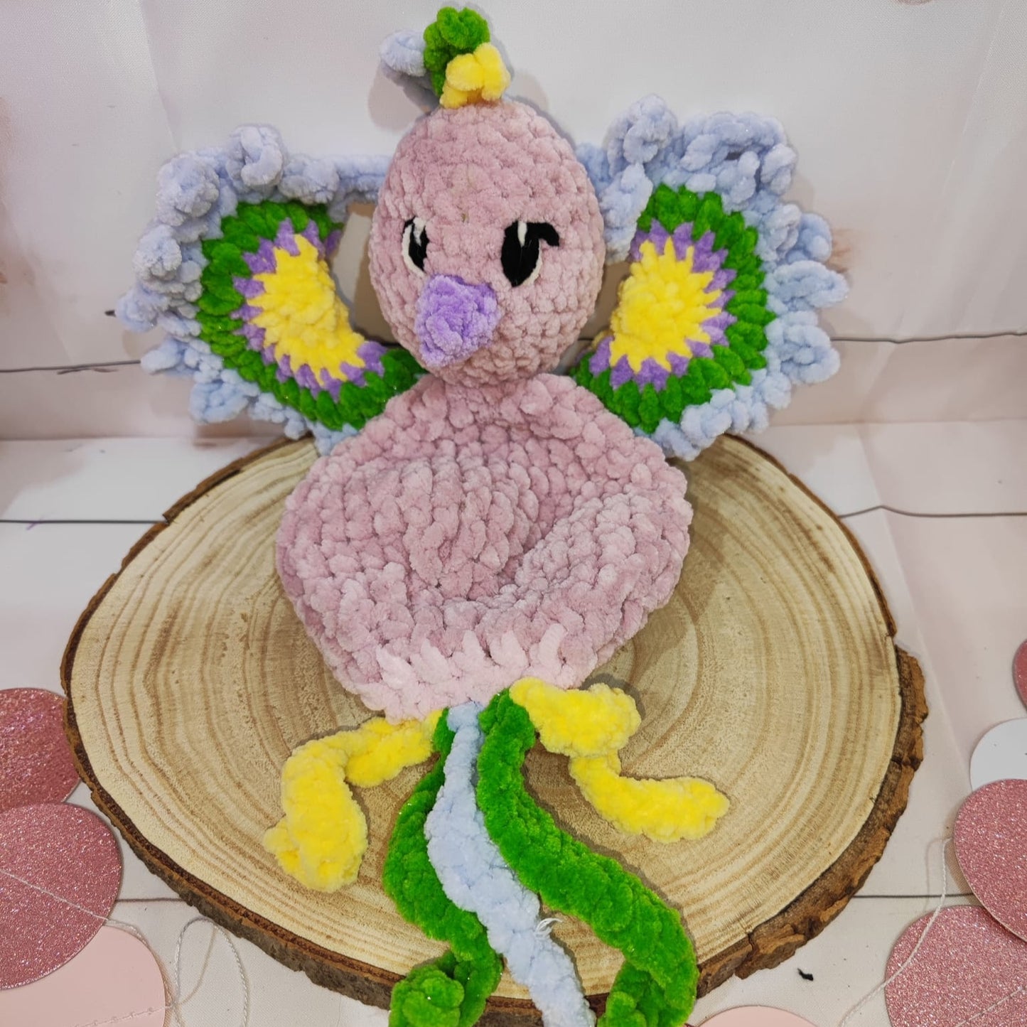 Doudou phénix multicolore rose vert mauve jaune
