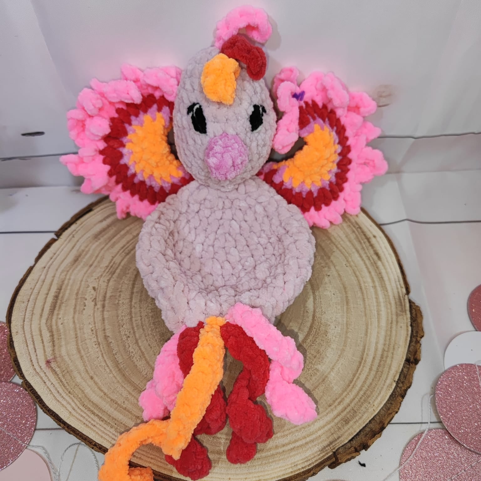 Doudou phénix rose rouge orange